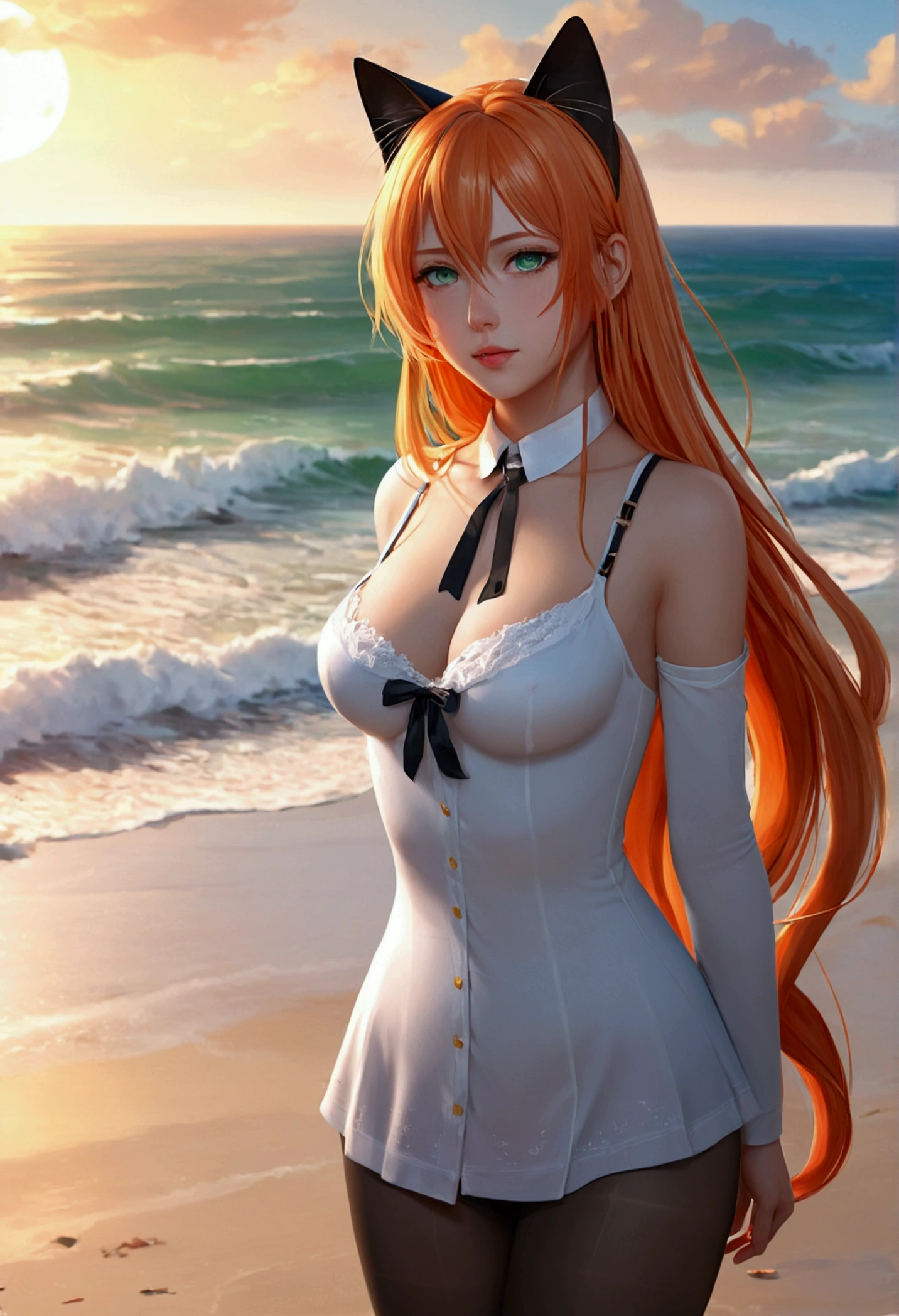 anime girl with long orange hair standing on beach near ocean, green eyes detailed digital anime art, cat ears, , anime girl with long hair, smooth anime cg art, anime girl with long hair, average breast size, digital anime art, artwork in the style of guweiz, beautiful anime portrait, photorealistic anime girl render, beautiful anime girl, advanced digital anime art, pantyhose, guweiz on artstation pixiv upscale HD UHD HQ