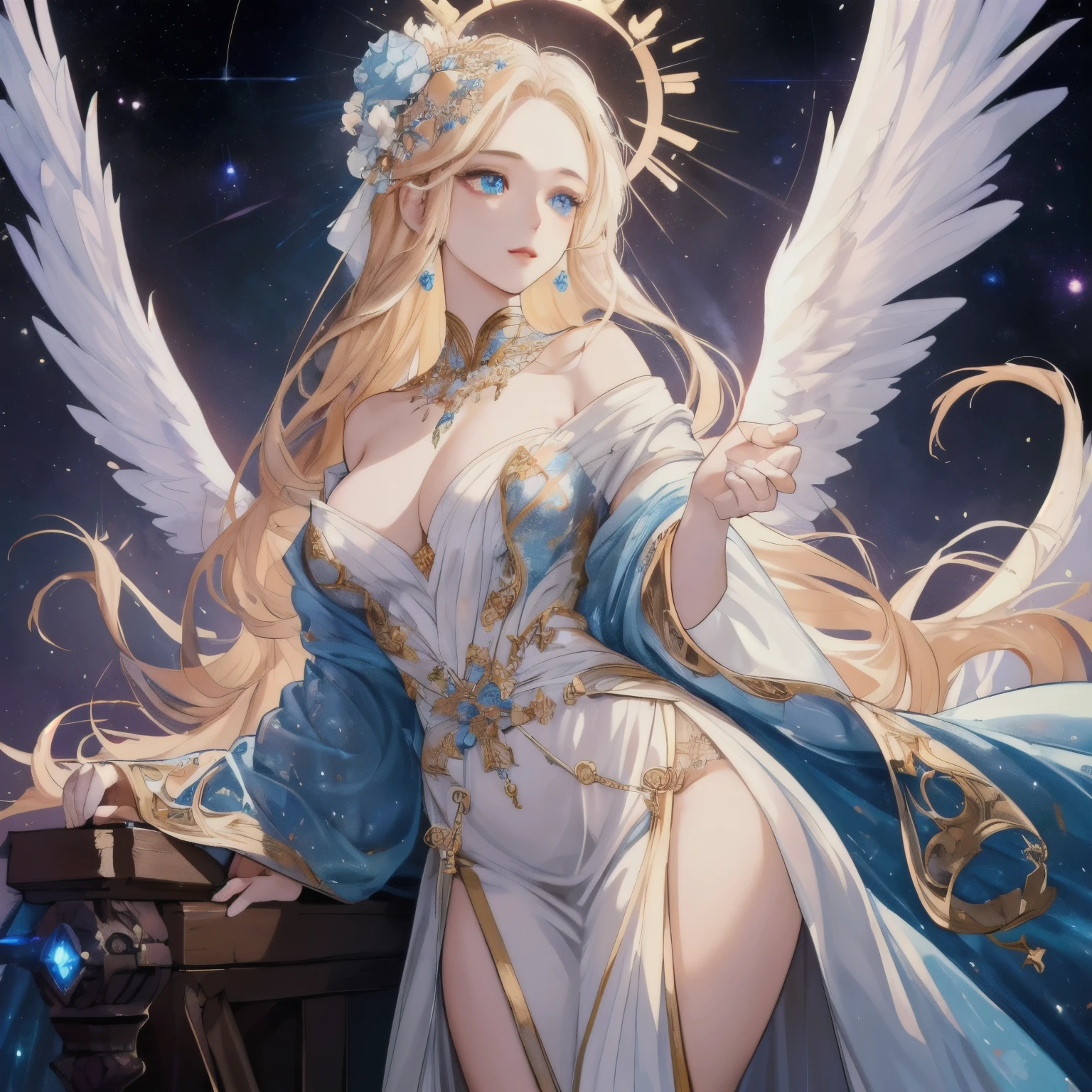 (Masterwork), (Best Quality), (4k), (Incredibly detailed CG illustration masterpiece), best quality, ultra-detailed, high resolution, extremely detailed cg, anime picture, unity 8k wallpaper, pov, (thick thighs), Curvy, Black Hair, blue Eyes, 1 girl, Pale Skin, Two-Tone Hair, Eyelashes, Smile, Gleaming Skin, Shiny Hair, Long Hair, Night Sky, Nebula, Galaxy, looking at you, anime, beautiful anime eyes, beautiful detailed eyes, eyes, glittering eyes, perfect body, perfect lips, perfect nose, perfect eyes, (Neon), (Neon Lights), (Bright Colors), Angelic, Halo, Detailed Dress, Bridal Wear, Flowers, Headpiece, Fantasy, Gems. Magic, Power, Glow