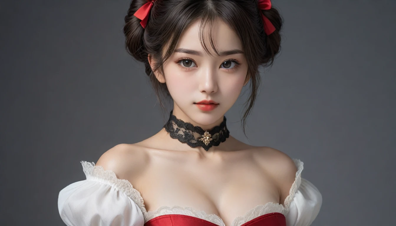8k, Ultra-high resolution, Highest quality, masterpiece, 三分割法によるphotograph,Surreal, photograph, 1 Girl, (:1.3), pretty girl, Cute Face, 細部までBeautiful Eyes, 細かくdetailedに,masterpiece,One Girl:1.2,Japanese female announcer,cowboy shot,grin,Black short hair,Messy bun hair,((vampire:1.4)),awe, Natural skin texture、(Medieval European Dress Clothing:1.4)、(Colorful costumes:1.4)、Attractive girl、16 years oldmale body:1.4)、(女の子のポートレートphotograph:1.4Photorealistic images:1.4),Fantasy art,(Beautiful Face:1.4),Beautiful and attractive eyes、Beautiful Eyes、(Tight waist:1.4)、(9 Beautiful girls with perfect body proportions:1.4),Red lips,(choker:1.4),Looking at the audience,(((Ideal body type))),A-cup small breasts :2,、Portraiture:2、Perfect Anatomy、鮮明なdetailed、detailed,Fashion magazine cover,Thin lips,Gray background ,完璧でBeautiful Face ,完璧でCute Face, Skin with attention to detail, Perfect limbs、Narrow waist,Looking at the audience,(((Ideal body type))),A cup small breasts :2,Portraiture:2,Perfect Anatomy,鮮明なdetailed,detailed,Surreal,Light and shadow,moonlight