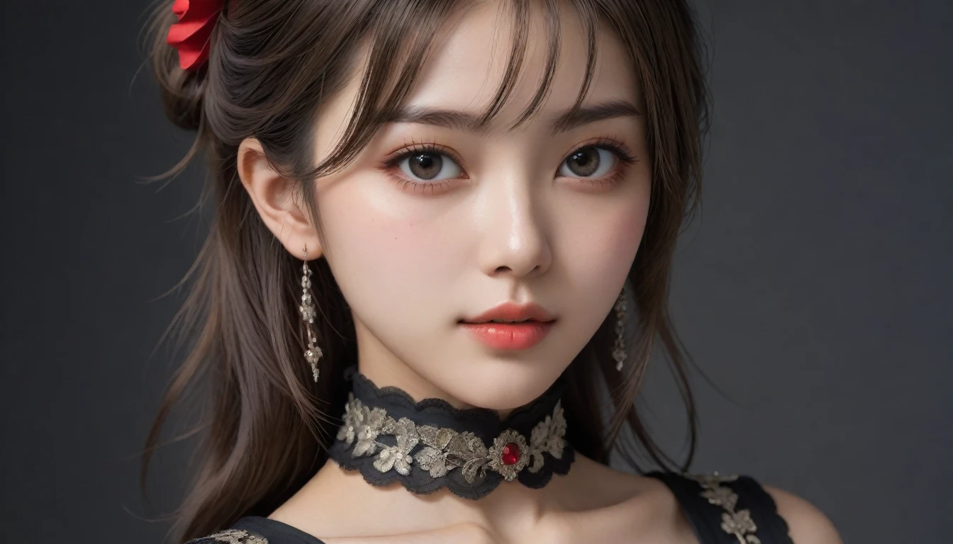 8k, Ultra-high resolution, Highest quality, masterpiece, 三分割法によるphotograph,Surreal, photograph, 1 Girl, (16 years old:1.3), pretty girl, Cute Face, 細部までBeautiful Eyes, 細かくdetailedに,masterpiece,One Girl:1.2,Japanese female announcer,cowboy shot,grin,Black short hair,Messy bun hair,((vampire:1.4)),awe, Natural skin texture、(Medieval European Dress Clothing:1.4)、(Colorful costumes:1.4)、Attractive girl、16 years old、(Perfect female body:1.4)、(女の子のポートレートphotograph:1.4)、(Photorealistic images:1.4),Fantasy art,(Beautiful Face:1.4),Beautiful and attractive eyes、Beautiful Eyes、(Tight waist:1.4)、(9 Beautiful girls with perfect body proportions:1.4),Red lips,(choker:1.4),Looking at the audience,(((Ideal body type))),A-cup small breasts :2,、Portraiture:2、Perfect Anatomy、鮮明なdetailed、detailed,Fashion magazine cover,Thin lips,Gray background ,完璧でBeautiful Face ,完璧でCute Face, Skin with attention to detail, Perfect limbs、Narrow waist,Looking at the audience,(((Ideal body type))),A cup small breasts :2,Portraiture:2,Perfect Anatomy,鮮明なdetailed,detailed,Surreal,Light and shadow,moonlight