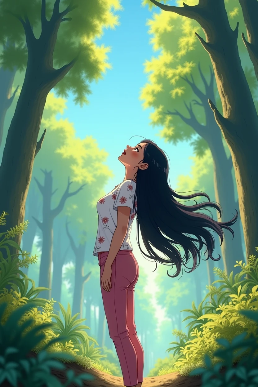 A 25-year-old girl,Wearing a white floral top,Black long hair,Pink pant,Shout to the sky,sideways,Background with forest,Trees,Anime style,Pixar style