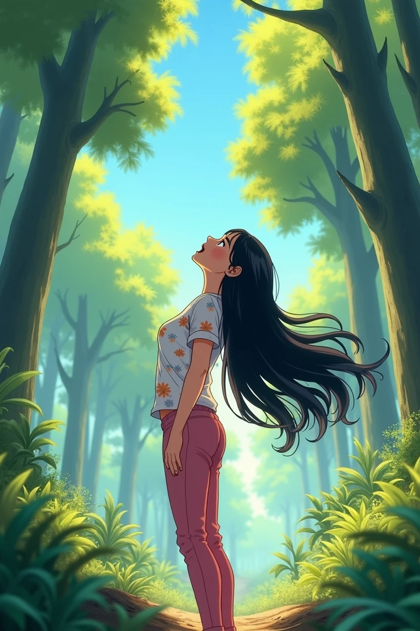 A 25-year-old girl，Wearing a white floral top，Black long hair，Pink pant，Shout to the sky，sideways，Background with forest，Trees，Anime style，Pixar style