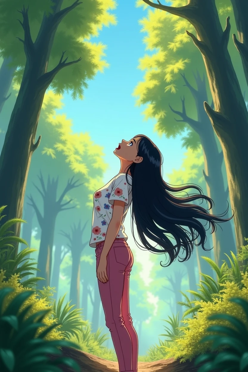 A 25-year-old girl,Wearing a white floral top,Black long hair,Pink pant,Shout to the sky,sideways,Background with forest,Trees,Anime style,Pixar style