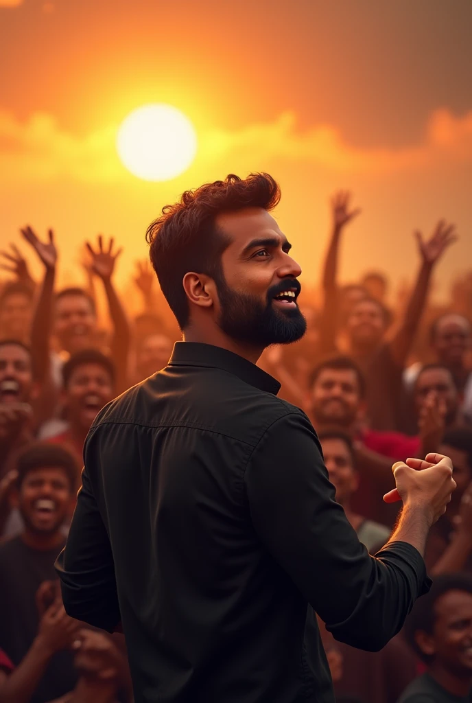 A man with a short beard and dair hair, wearing a black shirt, standing and speech in mike in the middle of an sun set with a crowd of tamilnadu people are encouraging in the background front view