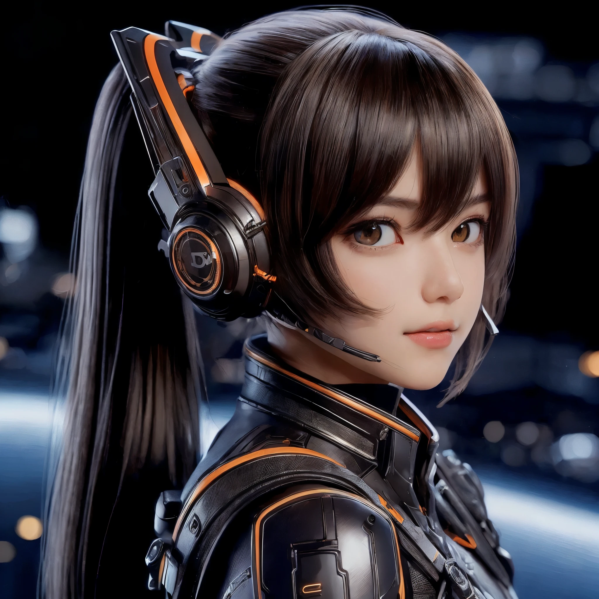 Top Quality, Masterpiece, Ultra High Resolution, (Photorealistic: 1.4), Raw Photo, 1 Girl, Black Hair, Glossy Skin, 1 Mechanical Girl, (((Ultra Realistic Details)), Portrait, Global Illumination, Shadows, Octane Rendering, 8K, Ultra Sharp, Intricate Ornaments Details, realistic skin, sweat effect, ((wearing Headphone)), very intricate detail, realistic light, CGSoation trend, brown eyes, glowing eyes, matte black and glossy orange mechanical bodysuit, Long hair, black hair, Ponytail hair, Half body shot, spaceship bridge background, dynamic pose, cute smile, close up, Open Mouth, facing audience
