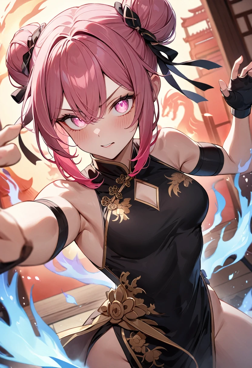 (masterpiece, top quality, very aesthetic, 4k、illustration), intricate detail, 1woman,solo,contrapposto 、Strong glowing eyes、,(cowboy shot)、aura、(Martial Arts),beautiful face、fingerless gloves、、double bun、(fluorescence pink gradient hair)、fighting spirit、multicolored hair,hair ribbon,middle hair,sidelock ,レッド　eyes、china dress、Warrior、small breasts、Slim 、