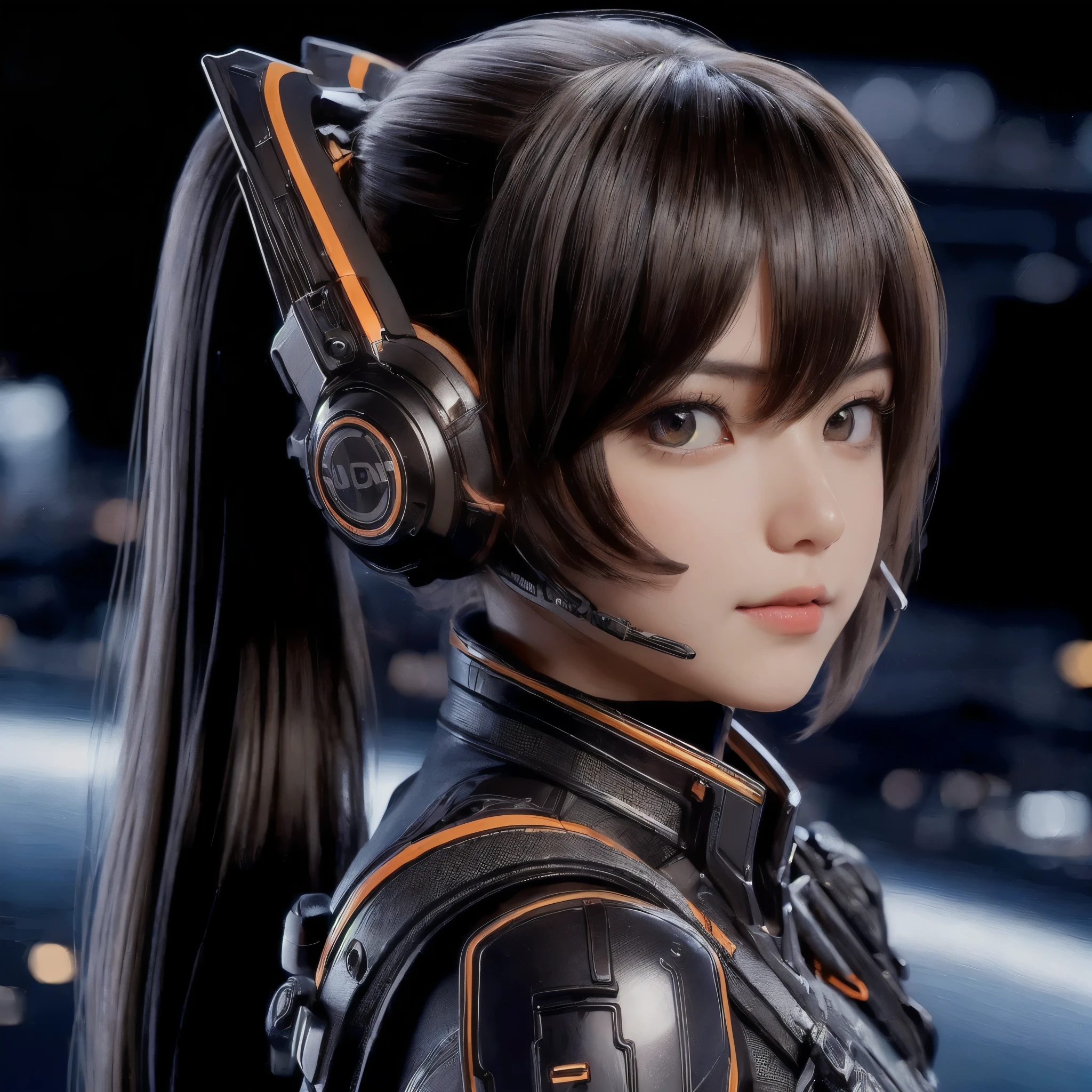 Top Quality, Masterpiece, Ultra High Resolution, (Photorealistic: 1.4), Raw Photo, 1 Girl, Black Hair, Glossy Skin, 1 Mechanical Girl, (((Ultra Realistic Details)), Portrait, Global Illumination, Shadows, Octane Rendering, 8K, Ultra Sharp, Intricate Ornaments Details, realistic skin, sweat effect, ((wearing Headphone)), very intricate detail, realistic light, CGSoation trend, brown eyes, glowing eyes, matte black and glossy orange mechanical bodysuit, Long hair, black hair, Ponytail hair, Half body shot, spaceship bridge background, dynamic pose, cute smile, close up, Open Mouth, facing audience