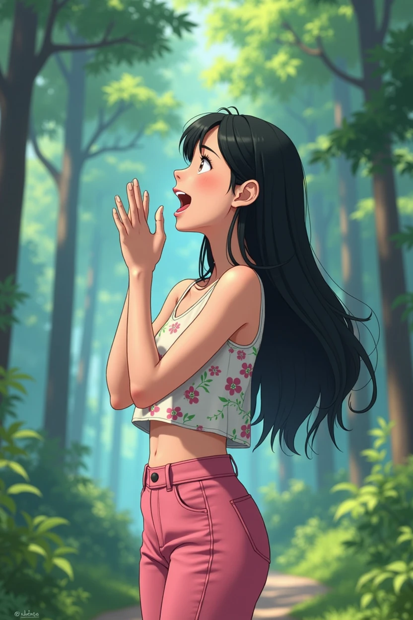 A 25-year-old girl，Wearing a white floral top，Black long hair，Hands to the mouth，Pink pant，Shout to the sky，sideways，Background with forest，Trees，Anime style，Pixar style