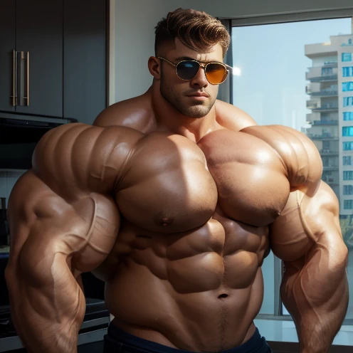brutalmass, a very handsome young man, sunglasses, shirtless, exaggeratedly muscular body, exaggeratedly huge muscles, in an apartment