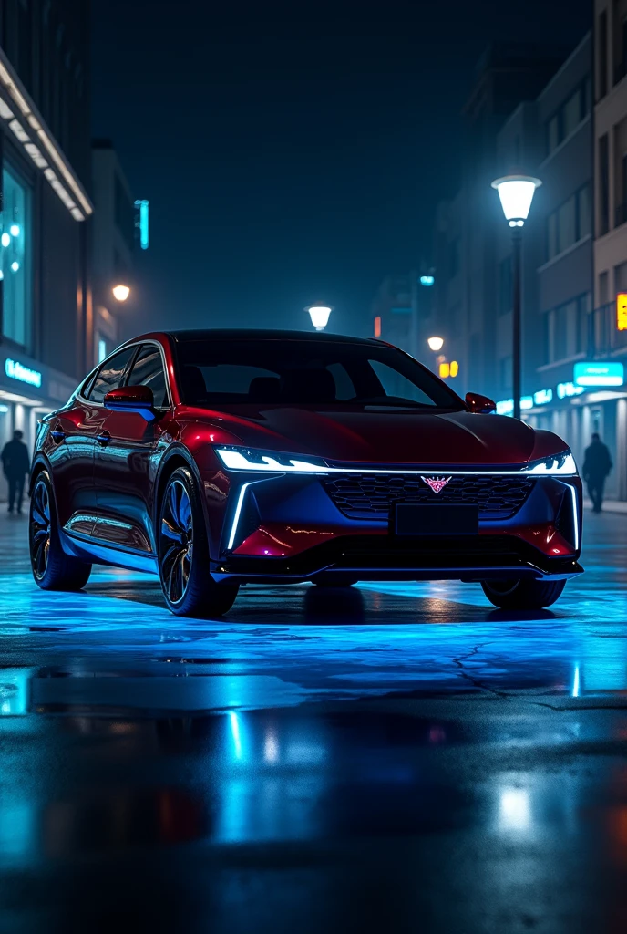 A wine-colored Chery Ban Pass with deep blue lights on the bottom of the car