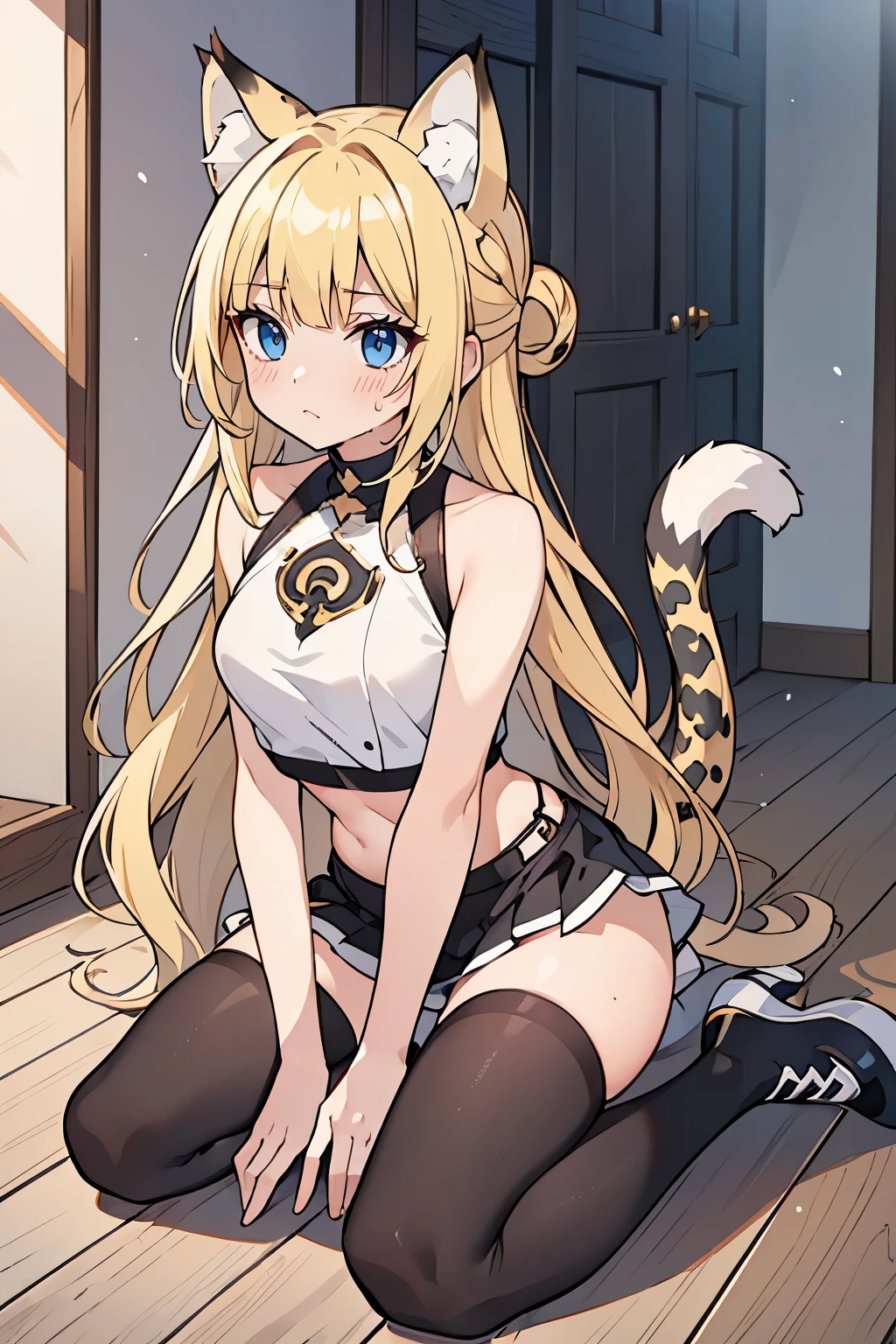 1 girl, female figure, (medium small breasts), (young female body: 1.4), fairy_tail_style, light blue eyes, golden sunny blonde hair, wavy sunny yellow hair, hair bun, hair in a bun, hime cut, blunt bangs, black snow leopard animal ears, fluffy tail, black animal ears, black and white long tail, tights, long big lynx tail, black animal tail, black and white big cat ears, hallway background, black skirt, crop top, white tail with black spots, sitting on ground, kneeling, white cat tail, white shoes