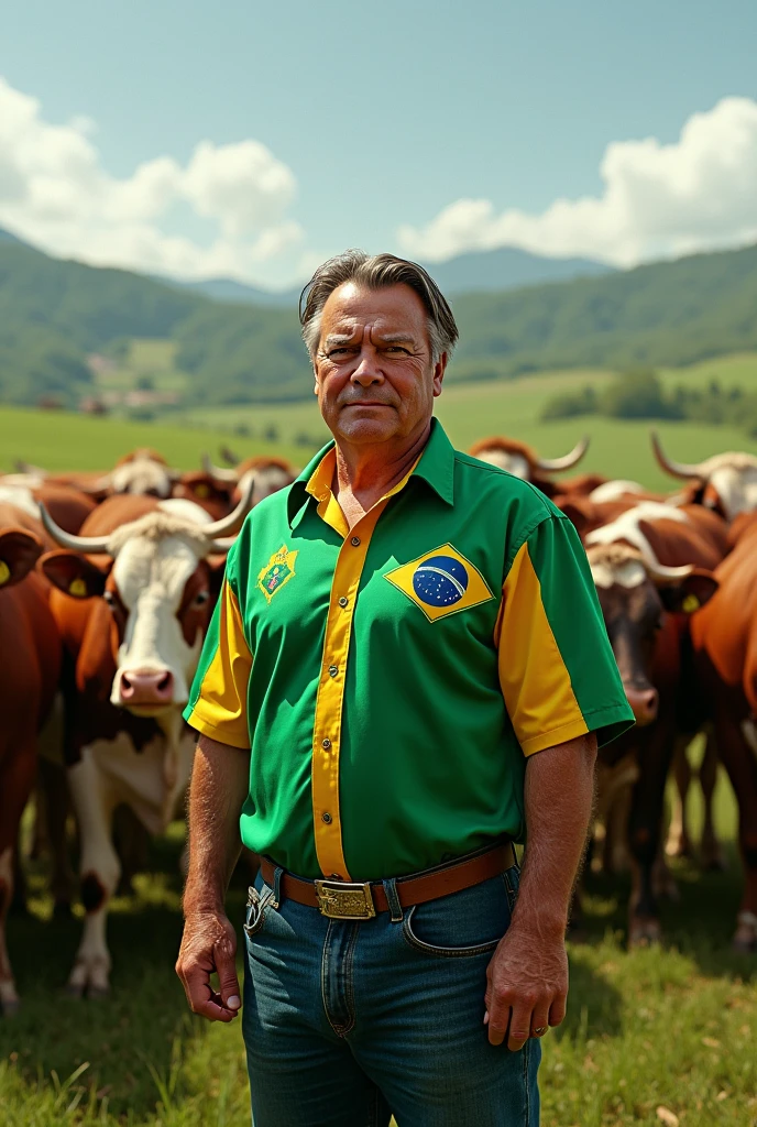 Jair Bolsonaro, farmer, cows DRESSED IN GREEN AND YELLOW