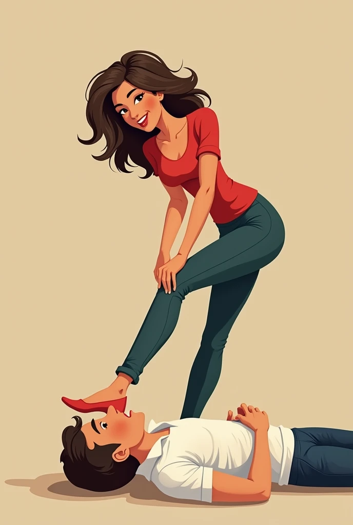 1woman standing in victory pose putting her foot on a man's face on the ground, toon style
