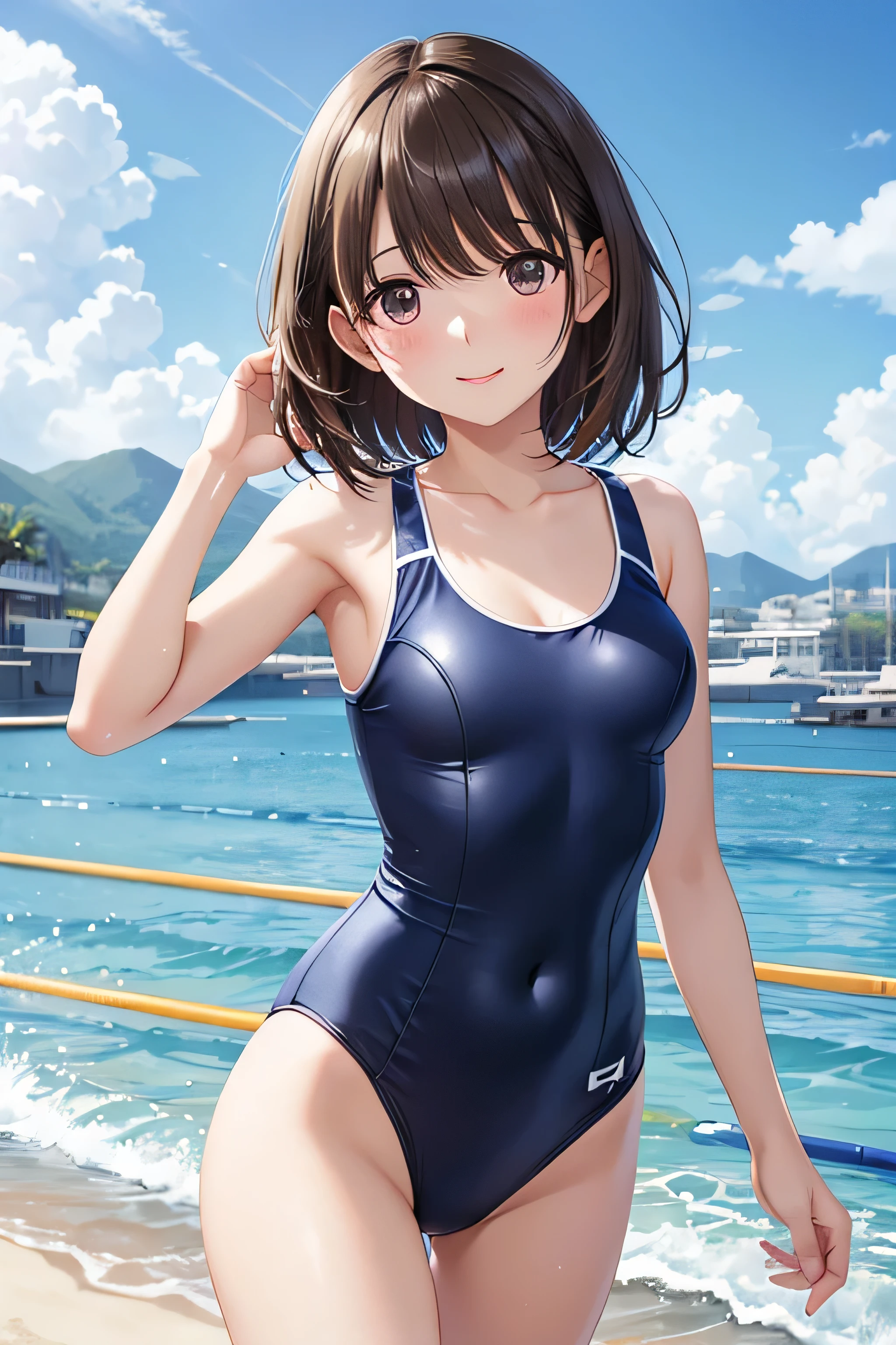 Nene Kasaki々、Shiny brown hair, short hair, (Beautiful brown eyes、Sparkling eyes, fine grain)、smile、Very fine eye、Very detailedな顔, Very detailedな目,

short hair, 
高いquality illustration, masterpiece, Very delicate and beautiful, 
Attractive girl,(School Swimsuit、紺色School Swimsuit、旧型School Swimsuit), Audience reaction,thin,Slender body,slim,Beach、Beach、Ocean、Crowd in swimsuits、Surrounded by men in swimsuits,Beautiful Eyes,(masterpiece, Highest quality:1.2), High resolution, Very detailed CG ユニティ 8k 壁紙, Perfect lighting, colorful, 超High resolution,4K,Very detailed, photograph, 8k, High resolutionolution,Cowboy Shot,Very young、blush、Run、panic