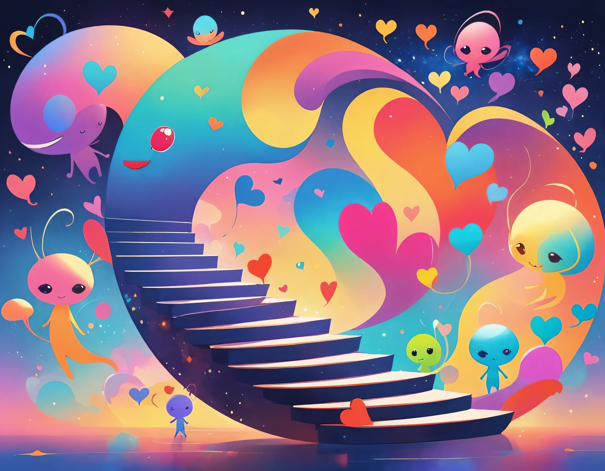 12stairs colorfull style, Simple Line Initialism，Abstract art, girls, colorful hearts, funny design, (((Cute Aliens))), The background is space, (((命)))