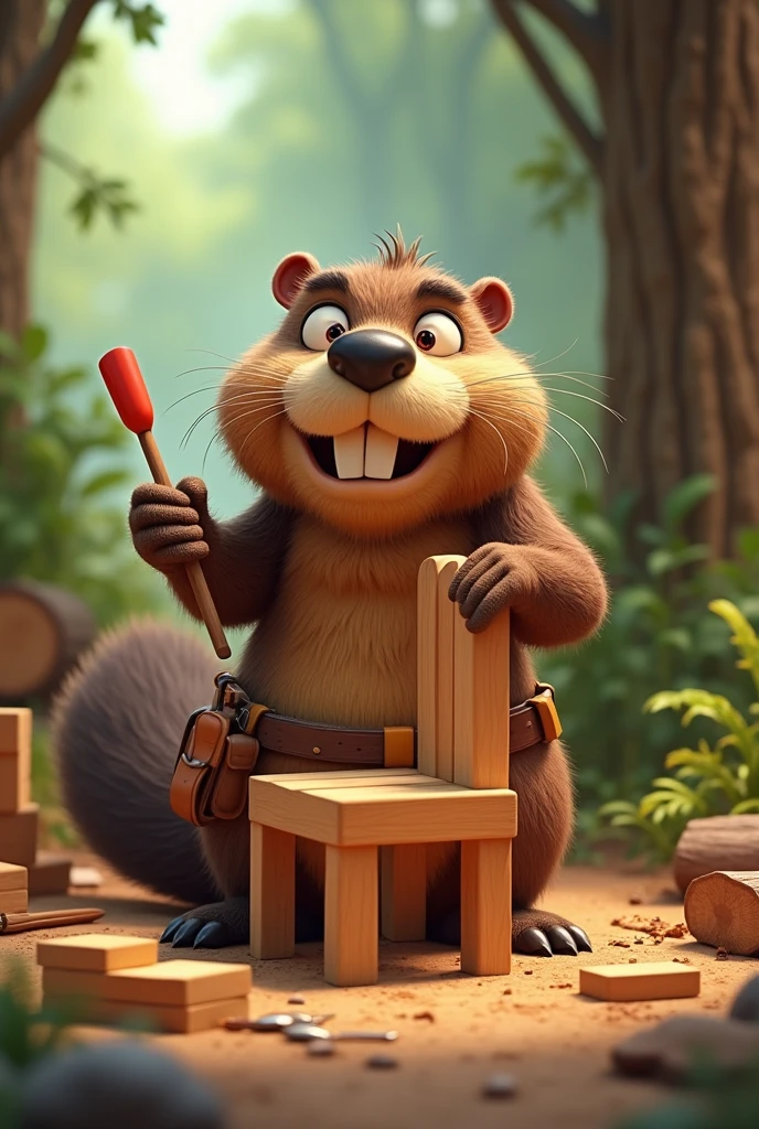 Funny Beaver constructing wood chair cartoon 3d