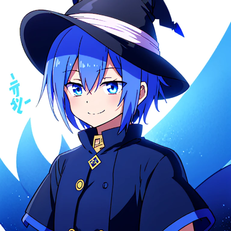blue eyes、dark blue hair、male、Shortcuts、Round eyes、smiling、anime風、anime、White background、Witch Hat、Short Hair、boy