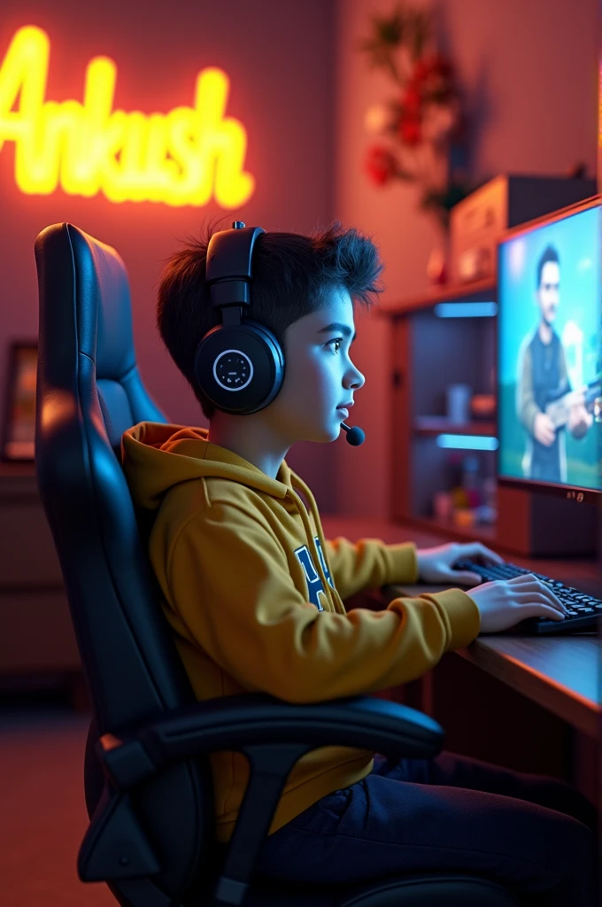 - Create A 3D Realistic image of a Boy sitting in gaming room on gaming chair and playing on Free Fire application on his pc. The boy must wear dark yellow hoodie headphones And his name “Ankush
” is Written on the wall with yellow colour neon light.