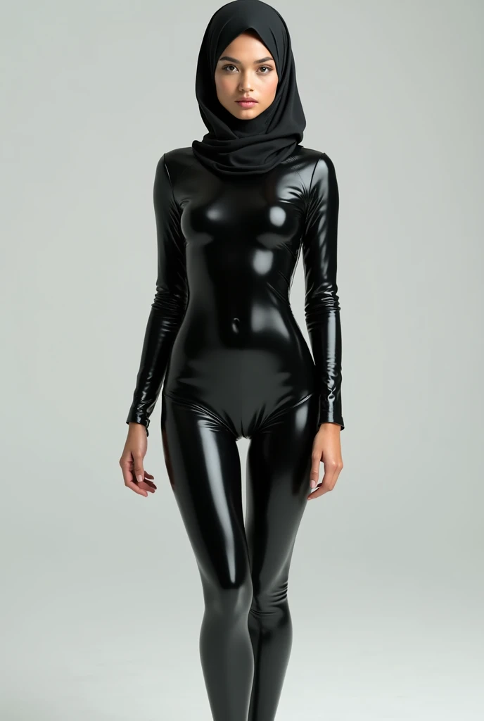 A girl wearing hijab . Innocent face. Long leg. Wearing full body black latex suit. High quality. High resolution