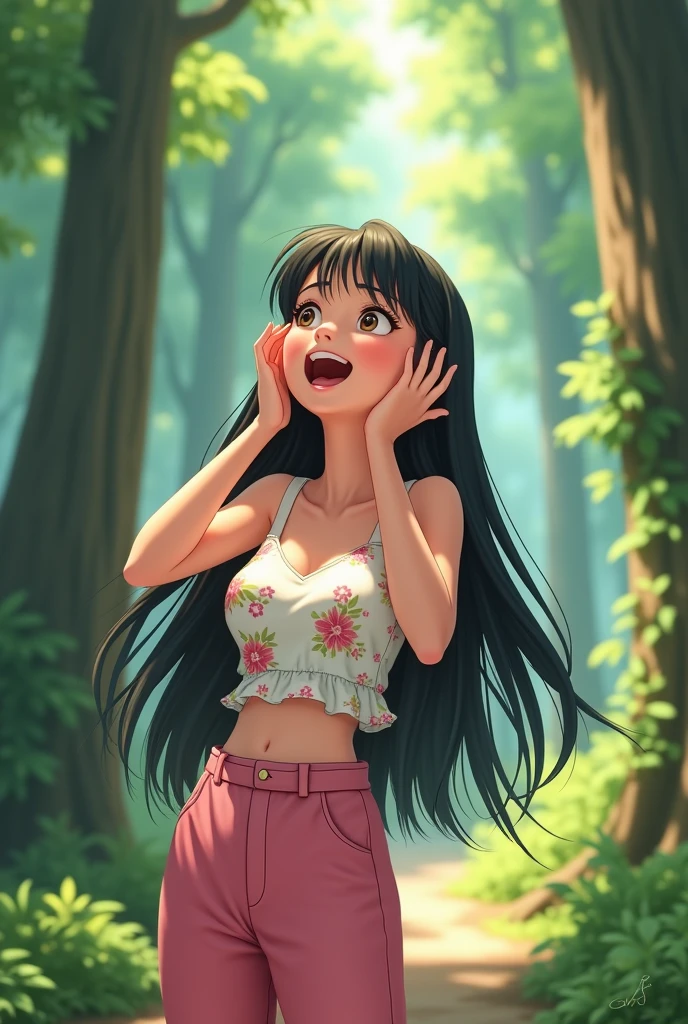 A 25-year-old girl，Wearing a white floral top，Black long hair，Place your hands on either side of your face，Pink pant，Shout to the sky，sideways，Background with forest，Trees，Anime style，Pixar style