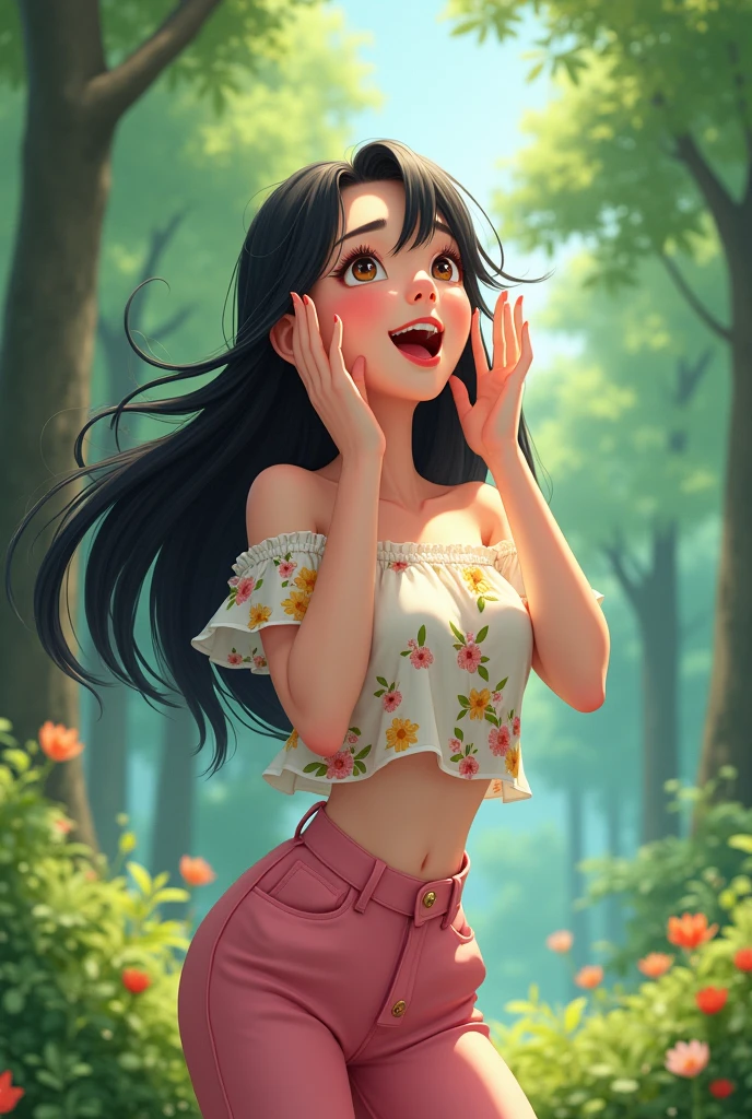 A 25-year-old girl,Wearing a white floral top,Black long hair,Place your hands on either side of your face,Pink pant,Shout to the sky,sideways,Background with forest,Trees,Anime style,Pixar style