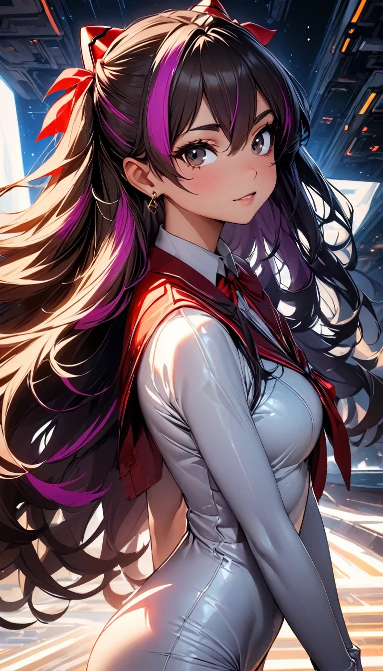 (highest quality:1.2, Very detailed, up to date, Vibrant, Ultra-high resolution, High Contrast, masterpiece:1.2, highest quality, Best aesthetics), Portraiture、girl、((25-years-old:1)), Soryu Asuka Langley, costume, Beautiful fine details、Bright colors、Beautiful lip detail, long hair、black and purple ((streaked hair:1.6)), highlights hair: 1.5, brown eyes, gold earrings, ((slim body:1.6)), (small breast:0.5), (dark skin:0.5)), space base, (cowboy shot:1), looking viewer