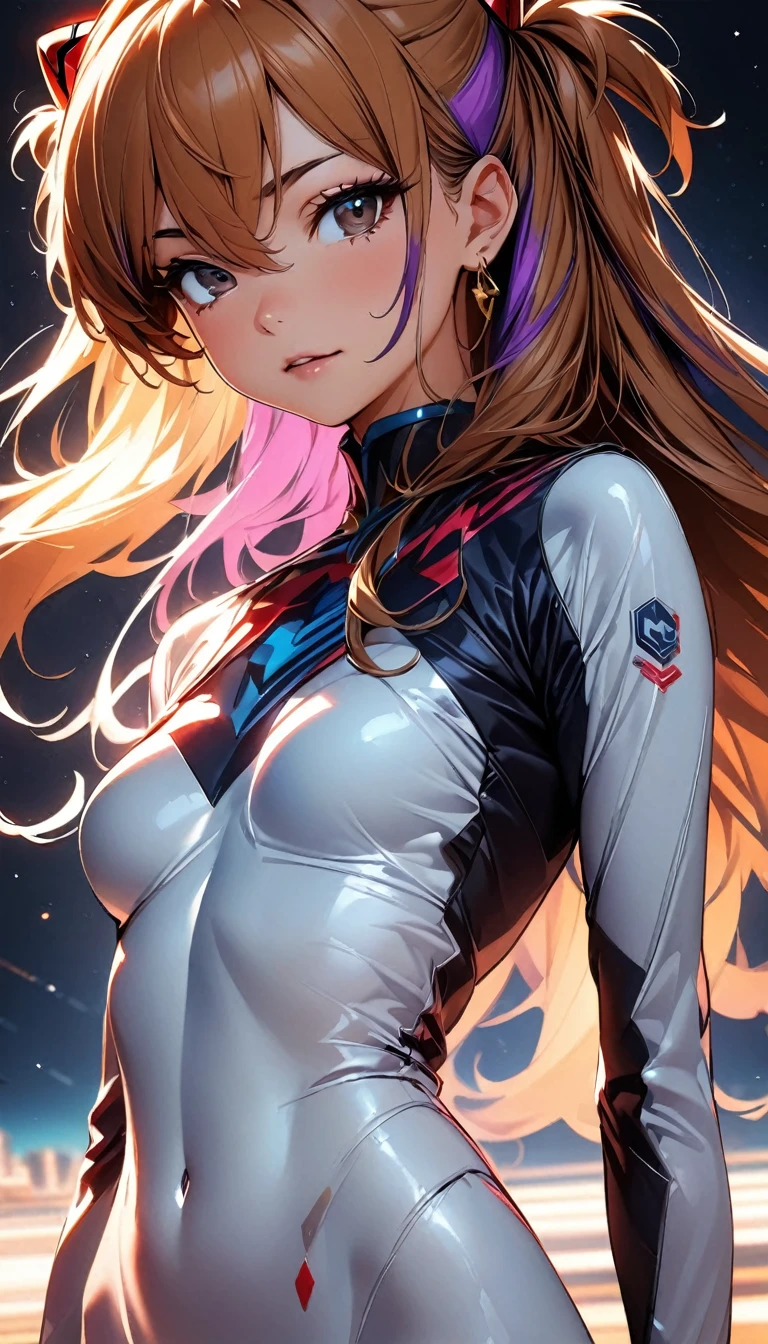 (highest quality:1.2, Very detailed, up to date, Vibrant, Ultra-high resolution, High Contrast, masterpiece:1.2, highest quality, Best aesthetics), Portraiture、girl、((25-years-old:1)), Soryu Asuka Langley, costume, Beautiful fine details、Bright colors、Beautiful lip detail, long hair、black and purple ((streaked hair:1.6)), highlights hair: 1.5, brown eyes, gold earrings, ((slim body:1.6)), (small breast:0.5), (dark skin:0.5)), space base, (cowboy shot:1), looking viewer