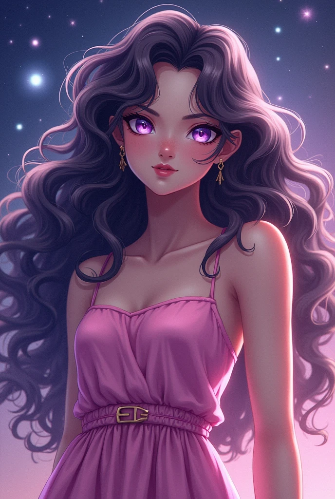 detailed background, masterpiece, best quality, 1 person , curly hair, long hair, purple eyes, star in eye , pink silky Strapless blouse, long skirt