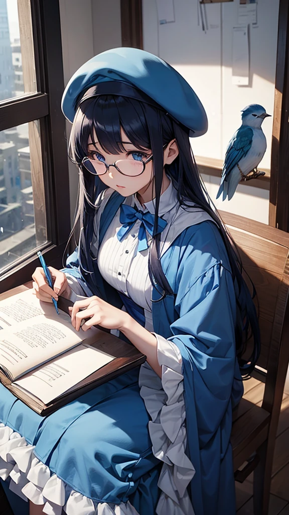 Mysterious Writer、Blue Costume、Memorizing sentences、Writing、beret、Baggy clothes、Bird feather、White gown、Glasses