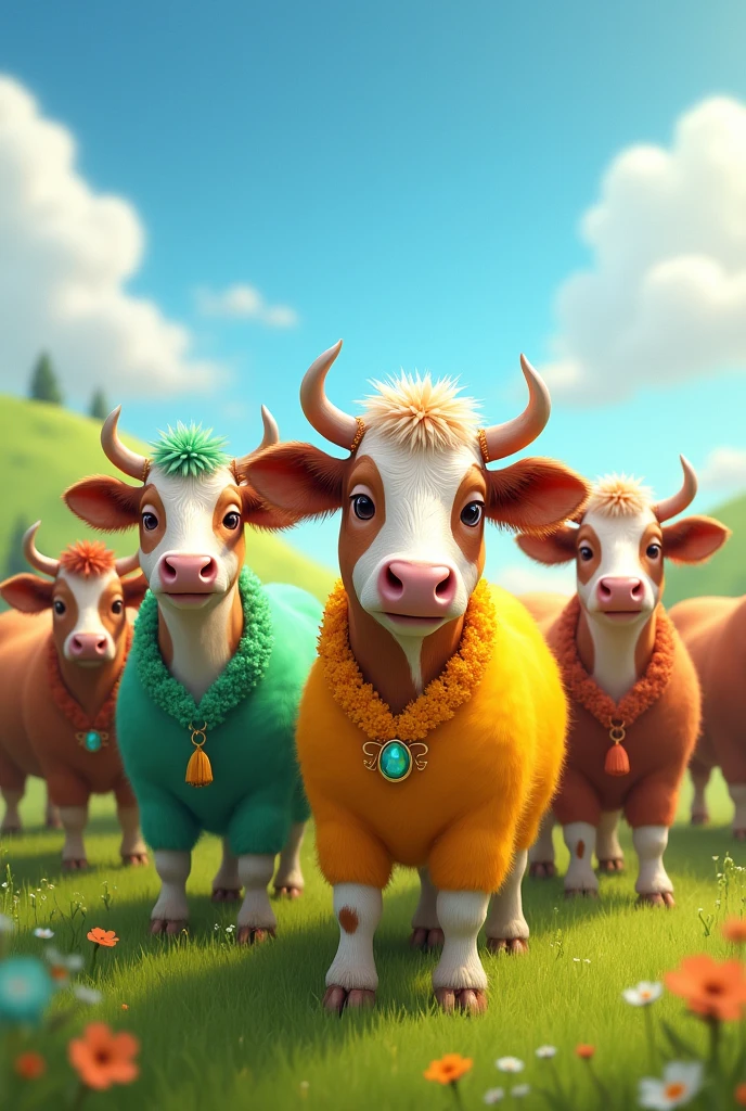 cows DRESSED IN GREEN AND YELLOW