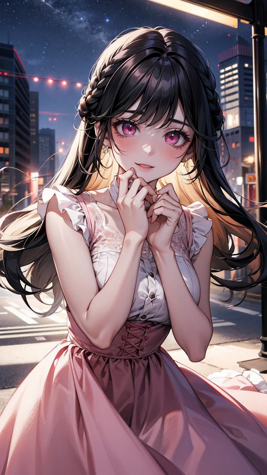 4hewe, 1girl, may (pokemon), embarrassed, blush, sweat, black camisole, pink miniskirt, bare shoulders, (cowboy shot:1.4), detailed face, facing viewer, small face, worried, symmetrical eyes, (street, cityspace:1.4), (masterpiece, top quality, best quality, official art, beautiful and aesthetic:1.2), extreme detailed, soft nature lights, rim light, soft colors, forehead chain, 