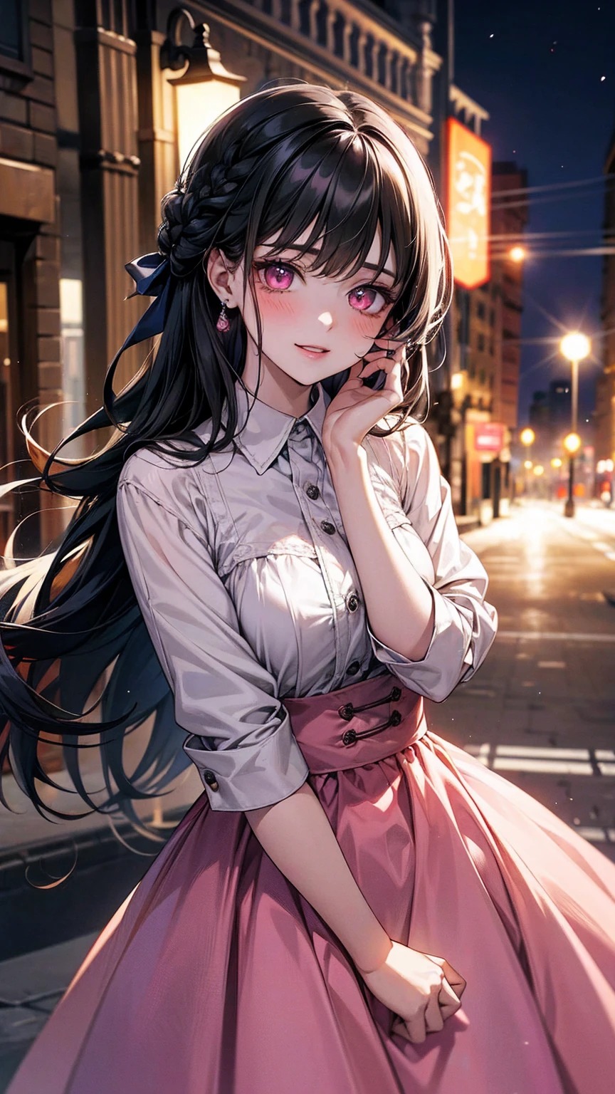 (best quality, Masterpiece), 1 girl, The sun shines, outside the building, black hair, Beautiful long hair, braid, pink eyes, cute, Bright face, Good mood, beautiful breasts, Beautiful date dress, shy, 1 woman, young girl, (Goosebumps:0.7), Beautiful face, (shyไลเนอร์, lipstick:0.9), nighttime, street lights, fall, 4K, 8K, UHD, HDR, detailed background, background