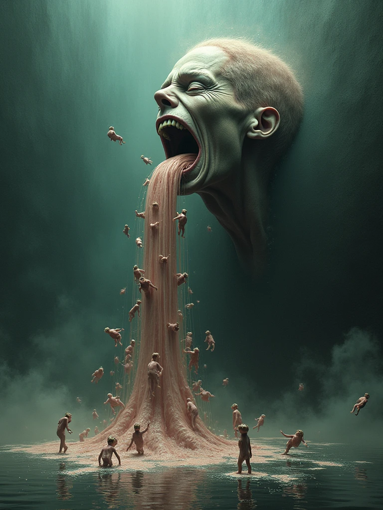 Vomiting perfusion of miniature replicas of your self into an eternal Oblivion, residing deep in you mirror reflection, with no splash back, as your reflection reaches out at you, as they get covered in puke, and parasitic midgets