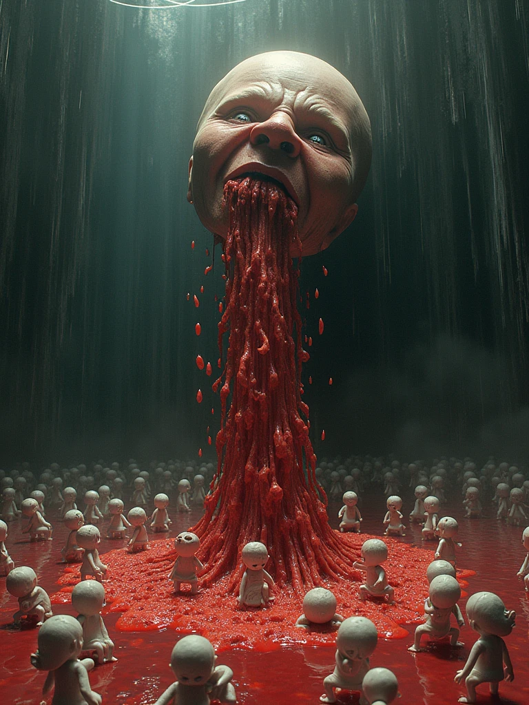 Vomiting perfusion of miniature replicas of your self into an eternal Oblivion, residing deep in you mirror reflection, with no splash back, as your reflection reaches out at you, as they get covered in puke, and parasitic midgets