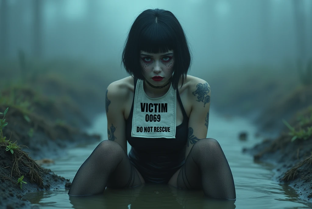 woman, bib "VICTIM 0069 DO NOT RESCUE", short tight black dress, detailed black muddy stockings with garters, stuck in mud bog,pale ethnic patterns ritual makeup, cold, red lips, sexy posing, bob haircut, blue fog, posing, dynamic, sexy despair