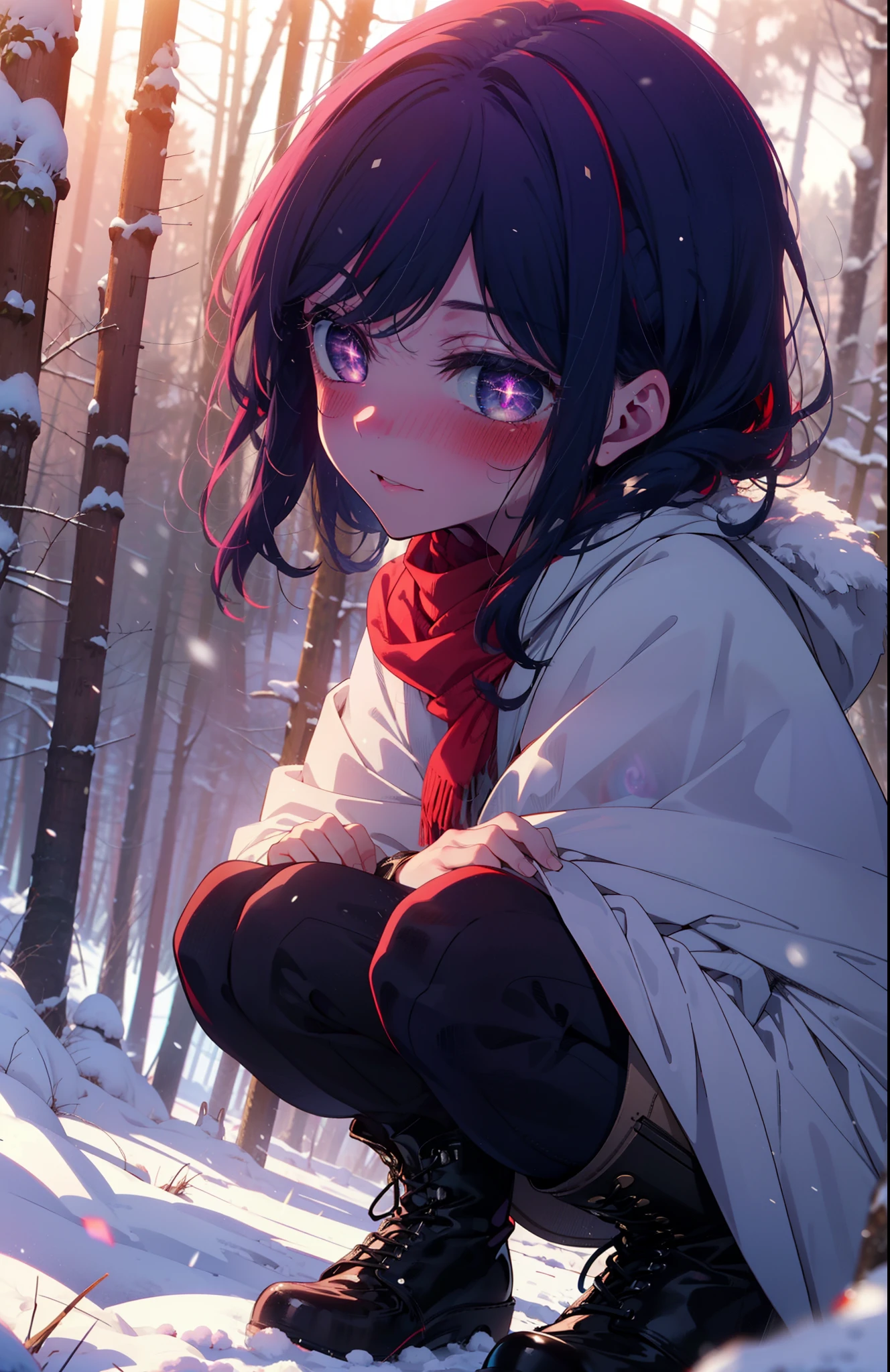 aihoshino, Ai Hoshino, Long Hair, bangs, (Purple eyes:1.1), Purple Hair, (Symbol-shaped pupil:1.5), smile,,smile,blush,white breath,
Open your mouth,snow,Ground bonfire, Outdoor, boots, snowing, From the side, wood, suitcase, Cape, Blurred, , forest, White handbag, nature, Squat, Mouth closed, Cape, winter, Written boundary depth, Black shoes, red Cape break looking at viewer, Upper Body, whole body, break Outdoor, forest, nature, break (masterpiece:1.2), Highest quality, High resolution, unity 8k wallpaper, (shape:0.8), (Beautiful and beautiful eyes:1.6), Highly detailed face, Perfect lighting, Highly detailed CG, (Perfect hands, Perfect Anatomy),