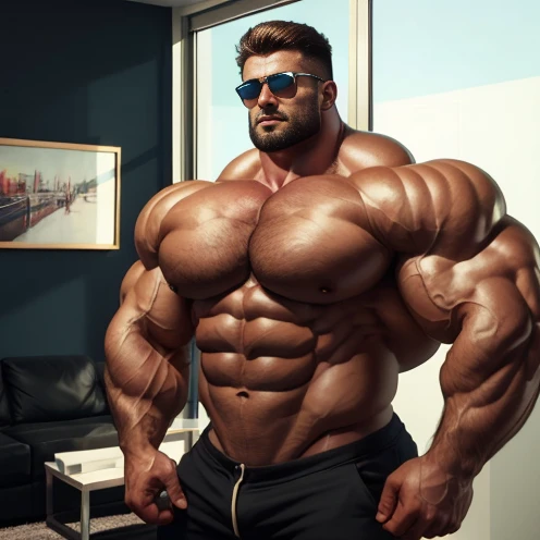 brutalmass, a young and very handsome man, sunglasses, shirtless, exaggeratedly muscular body, exaggeratedly huge muscles, with brutal muscle mass in exaggerated quantities, defined and muscular waist, in an apartment
