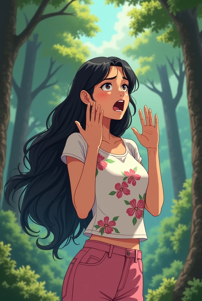 A 25-year-old girl,Wearing a white floral top,Black long hair,Place your hands on either side of your face,Pink pant,Shout to the sky,sideways,Background with forest,Trees,Anime style,Pixar style