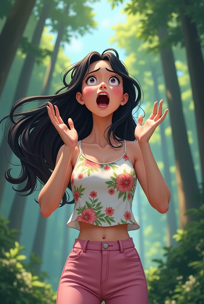 A 25-year-old girl,Wearing a white floral top,Black long hair,Place your hands on either side of your face,Pink pant,Shout to the sky,sideways,Background with forest,Trees,Anime style,Pixar style