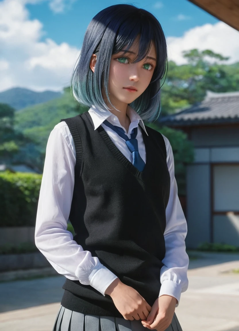 masterpiece, akane, realism, high quality, 8k, with his back to the viewer, beautiful lighting, 1girl, solo, green eyes, medium_hair, white shirt, sweater vest, black vest, blue necktie, grey skirt, outdoors, blue hair, 