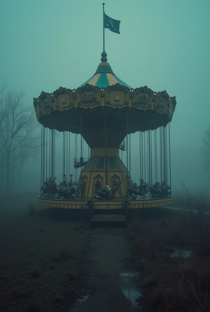 Abandoned amusement park、Russia、Merry-go-round、Real Stick、Late Night、Thick Fog。
