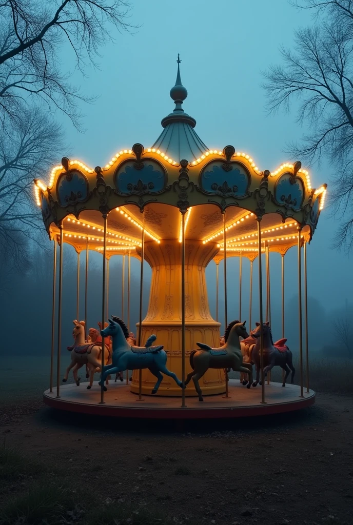 Abandoned amusement park、Russia、Merry-go-round、Real Stick、Late Night、Thick Fog。
