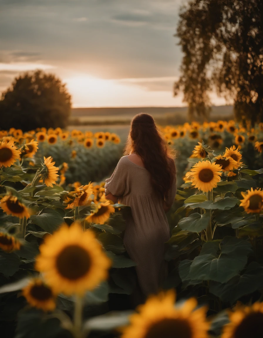 Chat dans un jardin avec une vue sur les champs de tournesol et de blé