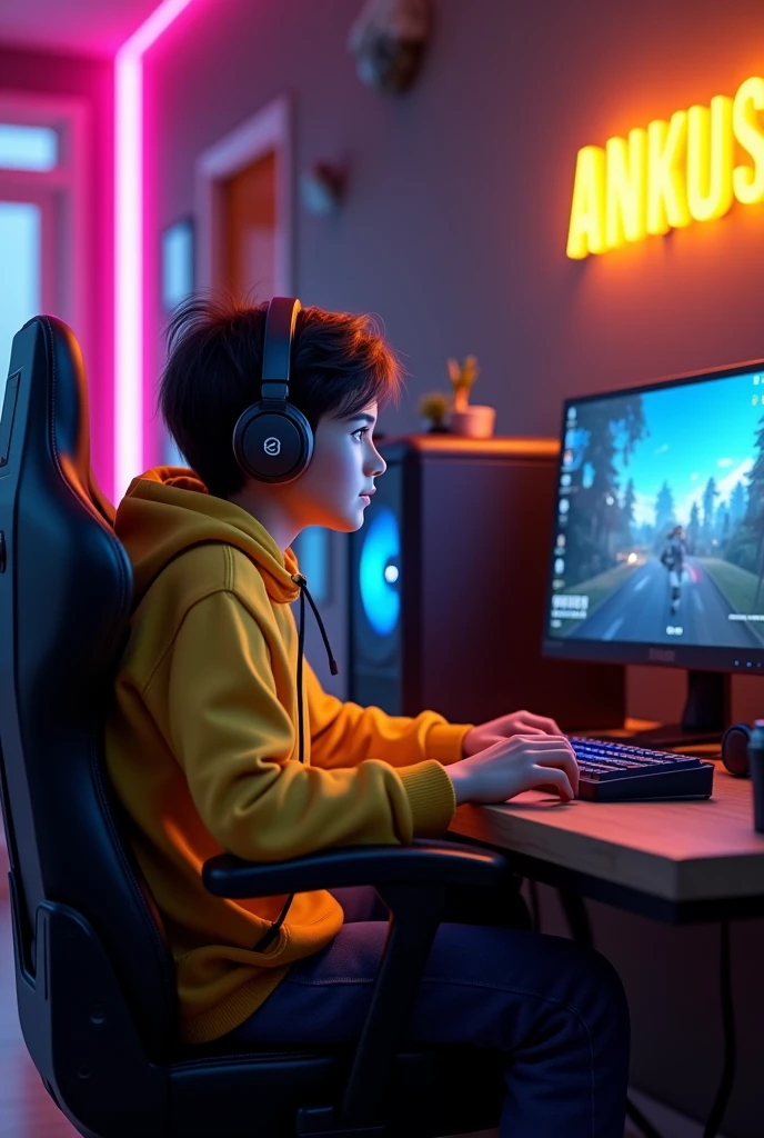 

Create A 3D Realistic image of a Boy sitting in gaming room on gaming chair and playing on Free Fire application on his pc. The girl must wear dark orang hoodie headphones And his name "Annu Gaming" is Written on the wall with orange colour neon light.