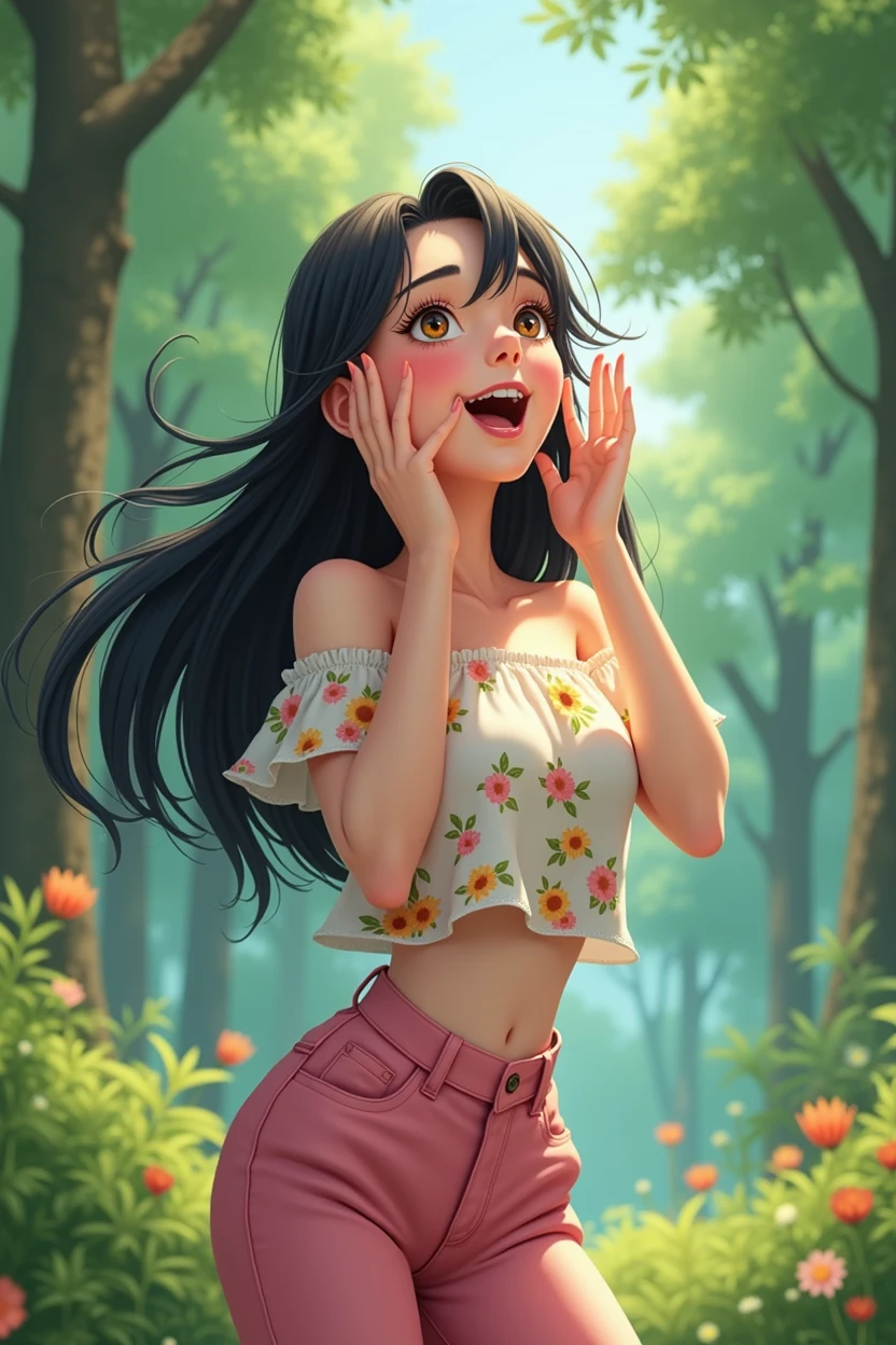 A 25-year-old girl,Wearing a white floral top,Black long hair,Place your hands on either side of your face,Pink pant,Shout to the sky,sideways,Background with forest,Trees,Anime style,Pixar style