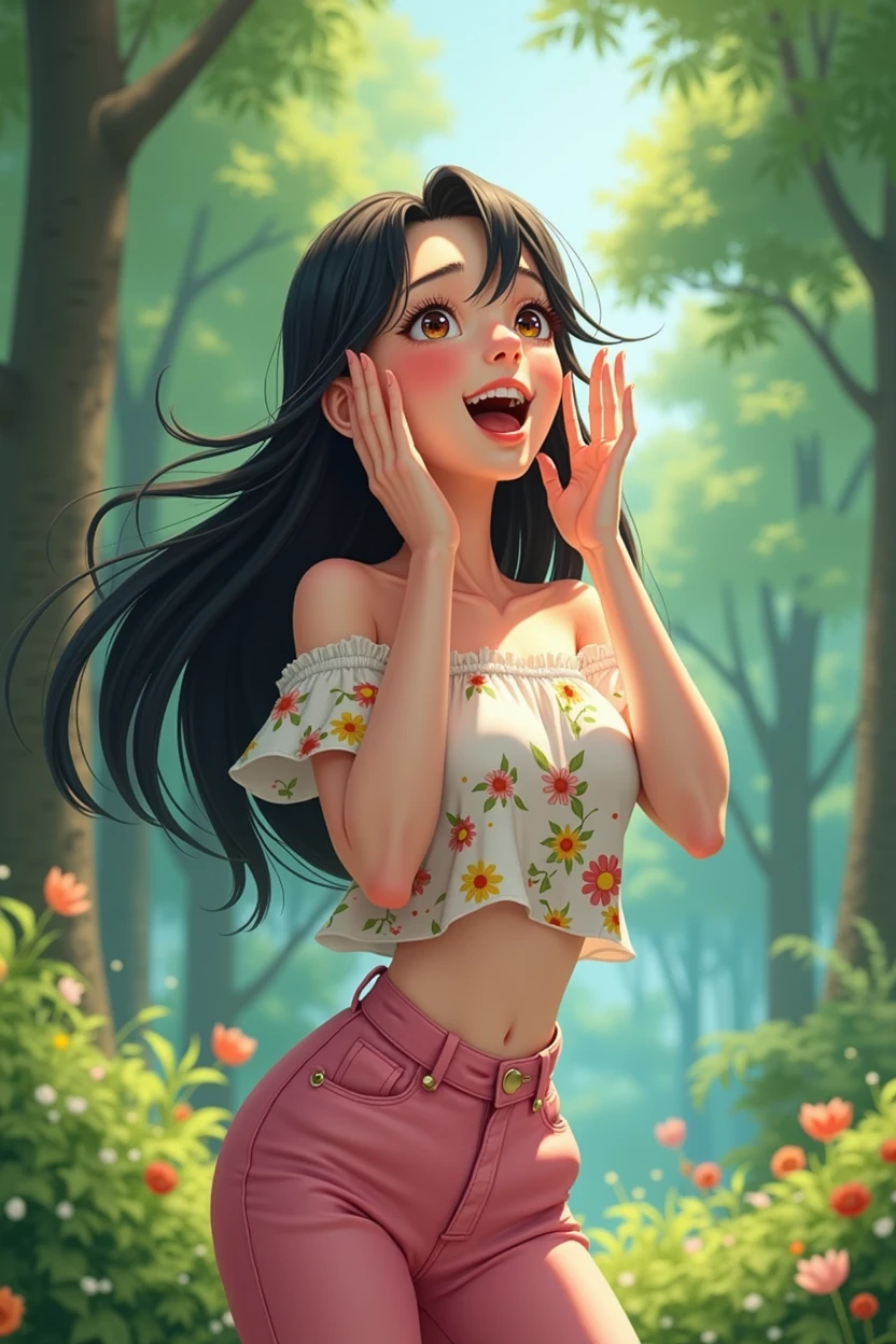 A 25-year-old girl,Wearing a white floral top,Black long hair,Place your hands on either side of your face,Pink pant,Shout to the sky,sideways,Background with forest,Trees,Anime style,Pixar style