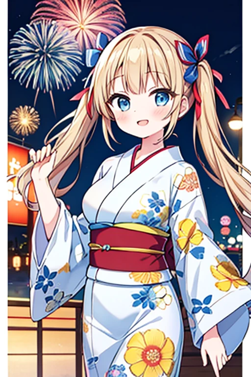 Highest quality,masterpiece,cute,One girl,Twin tails,bionde,Blue eyes,Goldfish pattern Japanese Yukata,Summer festival,stall,Hair Ribbon,Large Breasts,fun,smile,Fireworks display