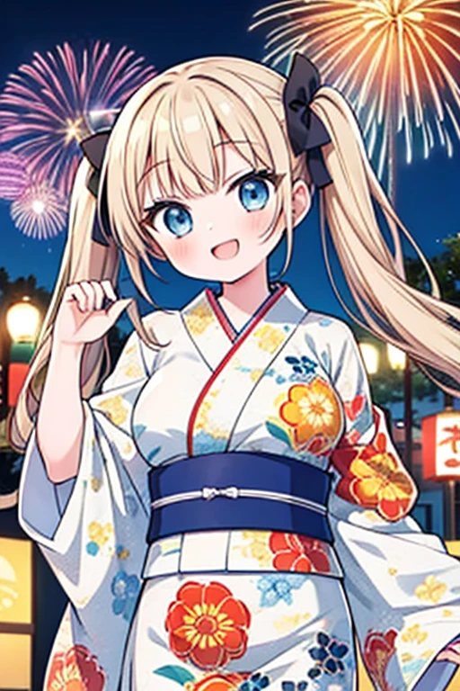 Highest quality,masterpiece,cute,One girl,Twin tails,bionde,Blue eyes,Goldfish pattern Japanese Yukata,Summer festival,stall,Hair Ribbon,Large Breasts,fun,smile,Fireworks display