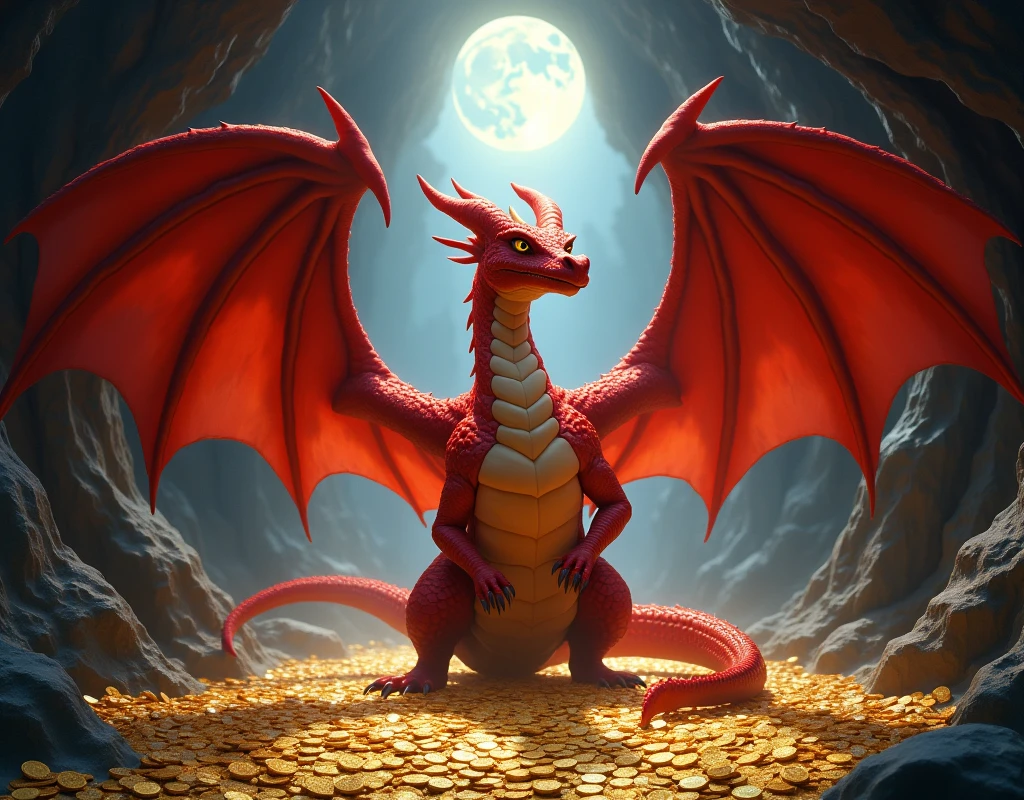 A red dragon with 2 large wings stands on a bed of tiny golden coins in a cave illuminated by moon light, dynamic pose