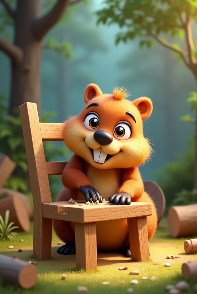 Funny cute female Beaver constructing wood chair cartoon 3d